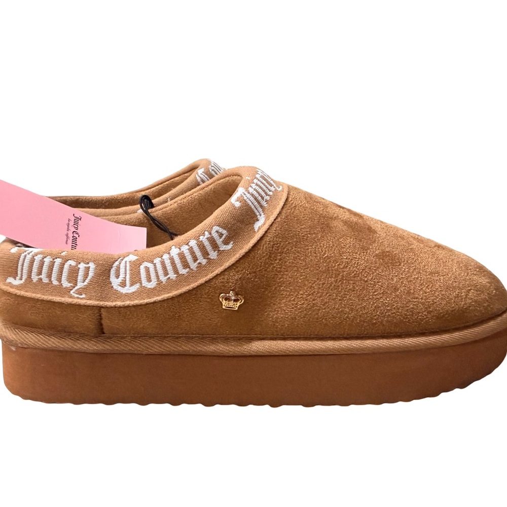 Juicy Couture JC-ONEY Tan Suede Platform Clog Slippers Faux Fur Lined Sz 6